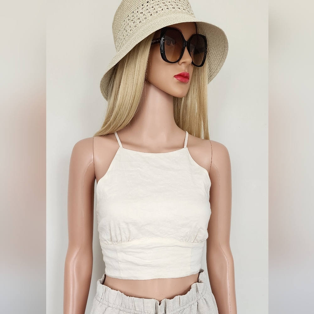 ZARA LINEN BLEND LINED OPEN BACK TIES CROPPED THIN STRAPS SEXY TOP MEDIUM